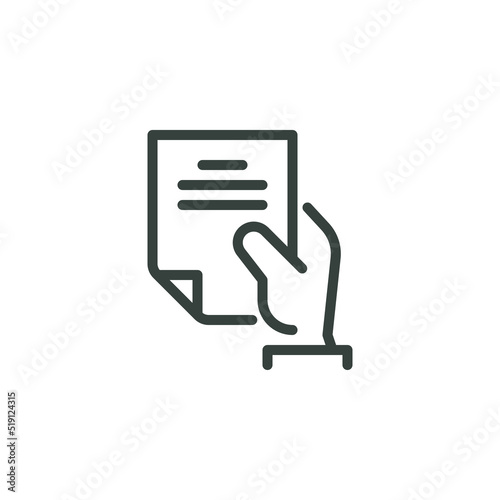Thin Outline Icon Sheet of Paper or Document in a Person's Hand. Such Line sign as Request, Submission of Documents. Vector Computer Isolated Pictograms for Web on White Background Editable Stroke.