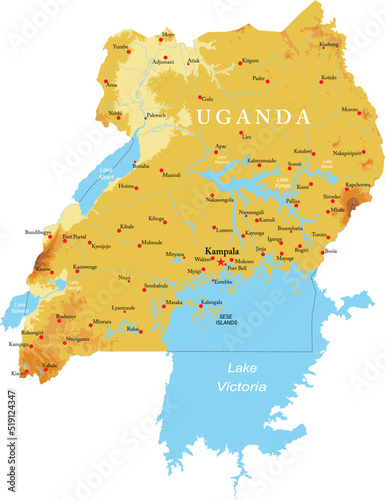 Uganda highly detailed physical map