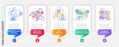 Commercial drivers safety rules rectangle infographic template. Data visualization with 5 steps. Editable timeline info chart. Workflow layout with line icons. Myriad Pro-Bold, Regular fonts used photo