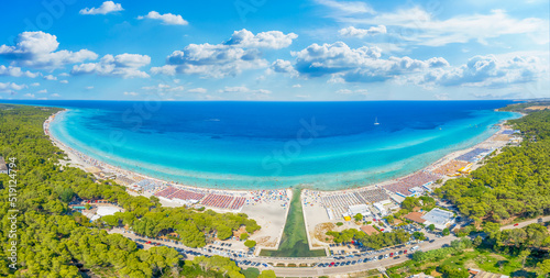 Aerial view with amazing turquoise water and sandy beaches of Apulia, Salento coast, Italy