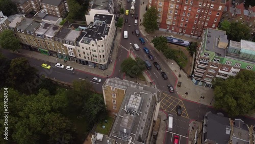 Drone view of the low buildings and streets surrounding Brompton Cemetery. photo