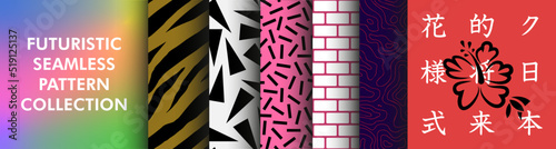 Futuristic Seamless Pattern Collection | Apparel Design Set, Vivid Colors, CYberpunk nad Japanese Vibes, Wall Brick, Geographic Contour Map, Zebra, Oriental style.