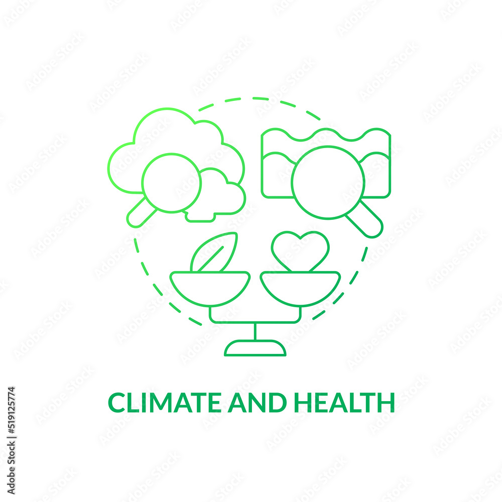 Climate and health green gradient concept icon. Pollution impact on wellbeing. Global net zero goal abstract idea thin line illustration. Isolated outline drawing. Myriad Pro-Bold fonts used Climate and health green gradient concept icon. Pollution impact on wellbeing. Global net zero goal abstract idea thin line illustration. Isolated outline drawing. Myriad Pro-Bold fonts used