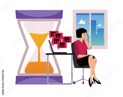 Woman procrastinates at home or office flat vector illustration isolated.
