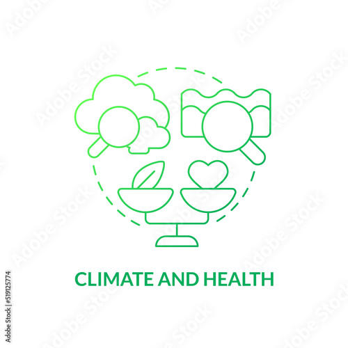 Climate and health green gradient concept icon. Pollution impact on wellbeing. Global net zero goal abstract idea thin line illustration. Isolated outline drawing. Myriad Pro-Bold fonts used