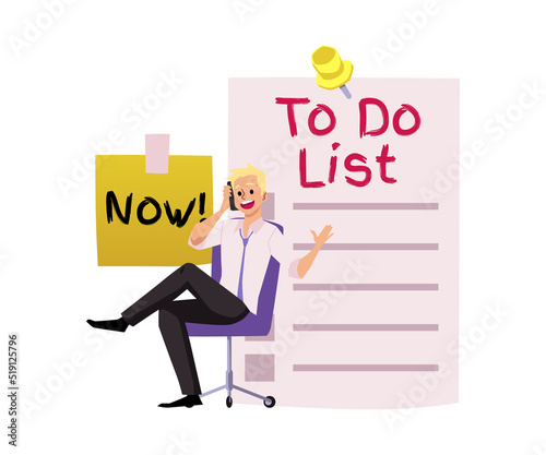 Office worker procrastinates at todo list backdrop, flat vector isolated.