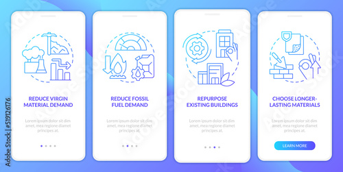 Net zero strategies blue gradient onboarding mobile app screen. Decarbonization walkthrough 4 steps graphic instructions with linear concepts. UI, UX, GUI template. Myriad Pro-Bold, Regular fonts used © bsd studio
