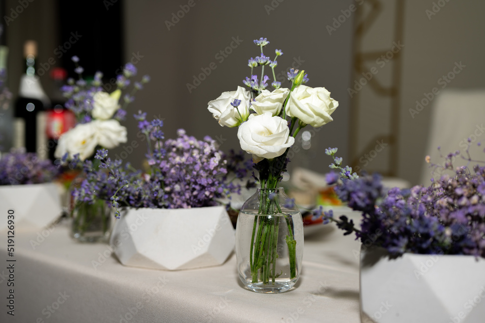 Banquet table. Tableware. Food, snacks, fruit, drinks, chairs, table, table decoration, flowers