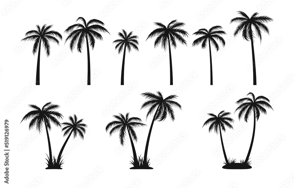 Black palm tree silhouettes set. Vector EPS 10 - obrazy, fototapety, plakaty 