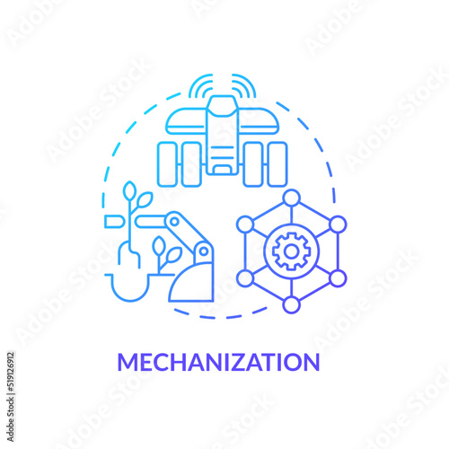 Mechanization blue gradient concept icon. Farm automation. Source of agricultural productivity abstract idea thin line illustration. Isolated outline drawing. Myriad Pro-Bold font used