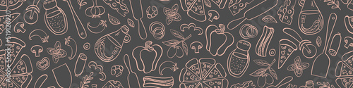 Seamless pattern with hand drawn pizza doodles. Italian food on gray background. Vector illustration.