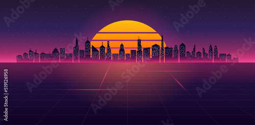 Retrowave vintage night city panorama. Template for retro wave music. Vector illustration