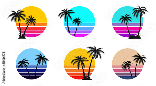 Retro sunset set with black palm tree silhouettes isolated on white background. Vector EPS 10