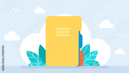 Folder with colored flaps. Office manager folders icon. Office manager folders icon for web design. Work with data. Cloud technologies. Folder sharing. Open source. Flat style. Vector illustration