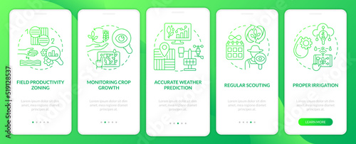 Increased crop yield factors green gradient onboarding mobile app screen. Walkthrough 5 steps graphic instructions with linear concepts. UI, UX, GUI template. Myriad Pro-Bold, Regular fonts used