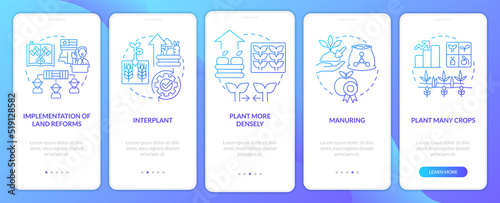 Increasing farming productivity blue gradient onboarding mobile app screen. Walkthrough 5 steps graphic instructions with linear concepts. UI, UX, GUI template. Myriad Pro-Bold, Regular fonts used