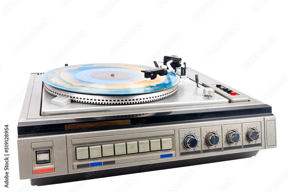 Fototapeta premium Vintage turntable record player with blue and orange vinyl