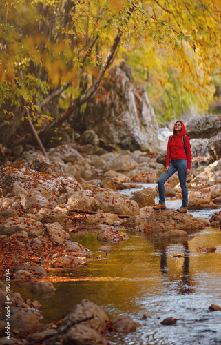 Travel and road trip concept at autumn. Adventure and active lifestyle in nature. Tourist hiking in forest. Asian woman in red hoodie walks in forest. Wanderlust concept.