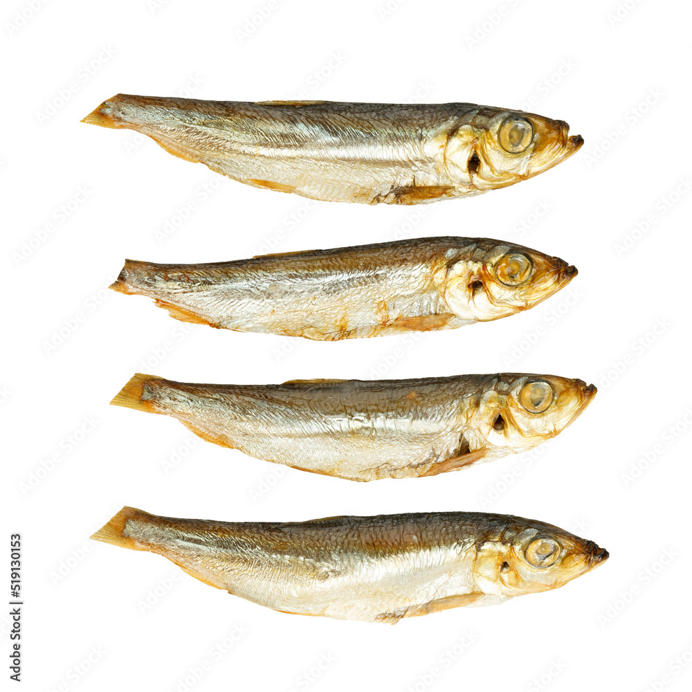 Smoked herring on a white background, sea delicacies.
