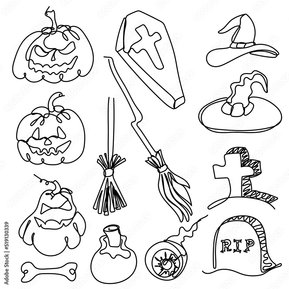 Obraz premium Set of halloween design elements. Broom, witch hat, coffin,grave and others. Traditional Halloween symbols. One line art illustration