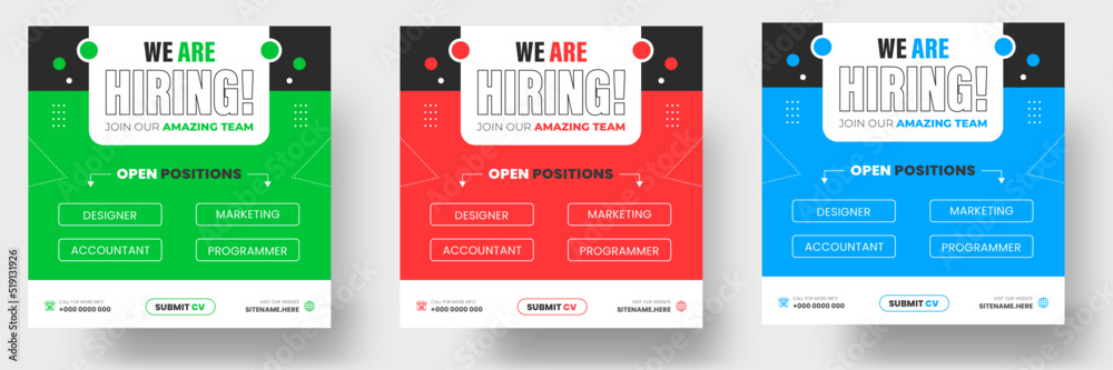 Obraz premium We are hiring job vacancy social media post banner design template with green, red and blue color. We are hiring job vacancy square web banner design.