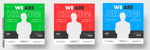 We are hiring job vacancy social media post banner design template with green, red and blue color. We are hiring job vacancy square web banner design.