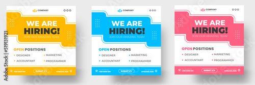 We are hiring job vacancy social media post banner design template with red, yellow and blue color. We are hiring job vacancy square web banner design.