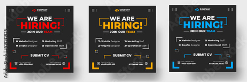 We are hiring job vacancy social media post banner design template with red, yellow and blue color. We are hiring job vacancy square web banner design.