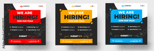 We are hiring job vacancy social media post banner design template with red, yellow and blue color. We are hiring job vacancy square web banner design.