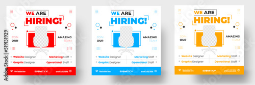 We are hiring job vacancy social media post banner design template with red, yellow and blue color. We are hiring job vacancy square web banner design.