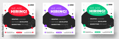 We are hiring job vacancy social media post banner design template with green, red and purple color. We are hiring job vacancy square web banner design.