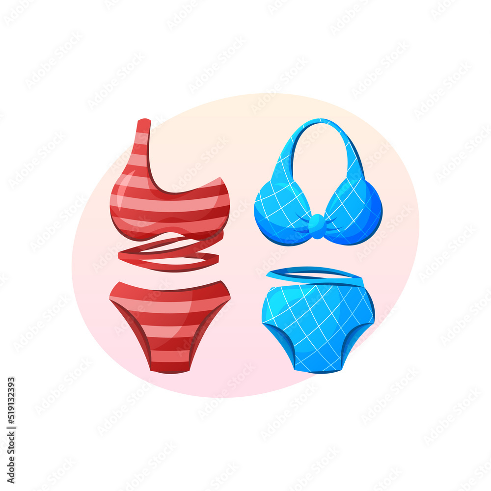 Red and blue women swimsuits vector cartoon illustration. Summer beach vacation clothes, trendy bikini concept.