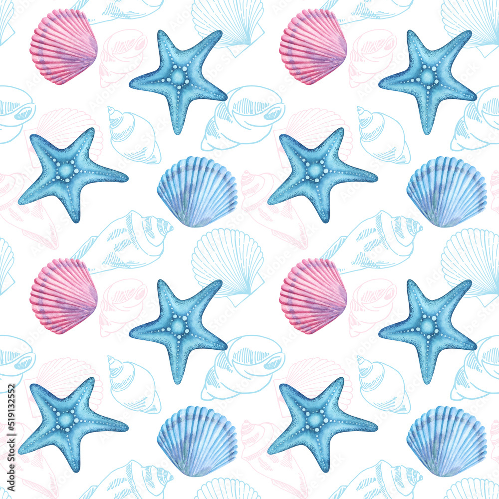 Seashell starfish seamless repeat tile pattern background on blue
