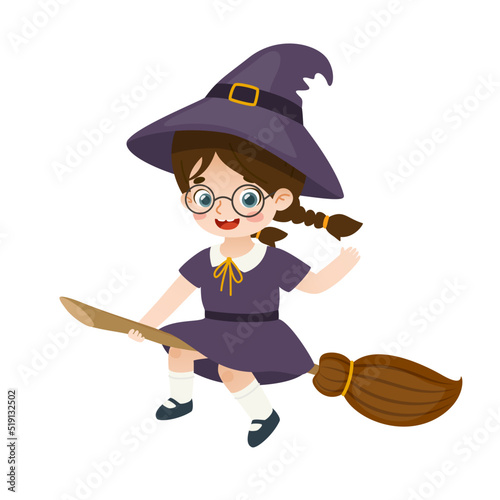 Cute little witch girl flying on the broomstick. Adorable child in halloween witch costume with broom.