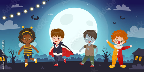 Cute children in halloween costume walking on the night street. Horizontal midnight background with cartoon kids.