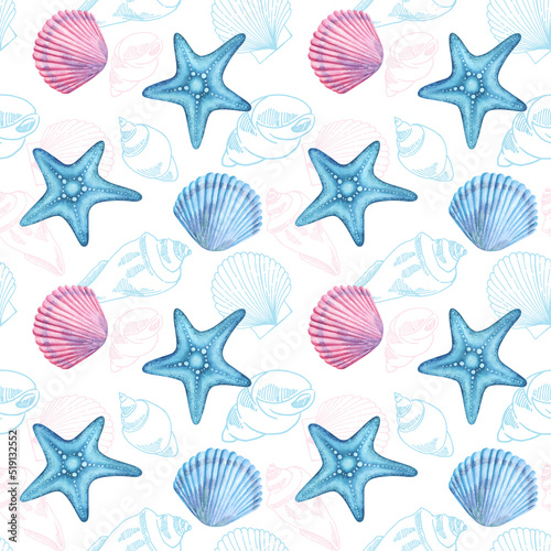 Seashell starfish seamless repeat tile pattern background on blue
