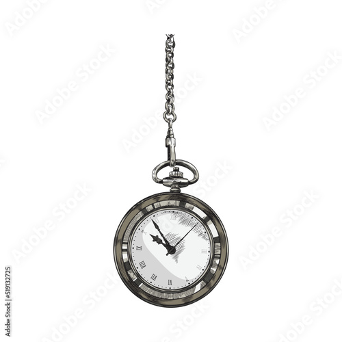 Ancient pocket watch or chronometer on chain, vector illustration isolated.
