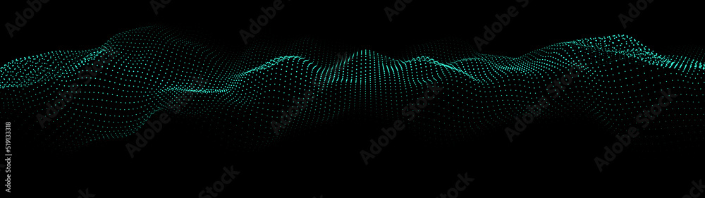 Obraz premium A moving digital 3d wave. Futuristic dark background with dynamic green particles. The concept of big data. Cyberspace. Vector illustration.