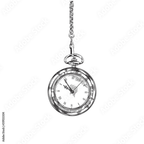 Hand drawn monochrome pocket watch hanging on chain sketch style