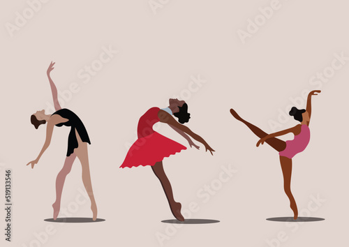 A set of ballerina dancers in point feet vector illustration. Elegant and classic girls with beautiful poses. Classic ballet dancers.