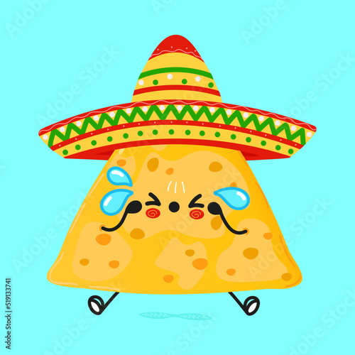 Cute sad nachos character. Vector hand drawn cartoon kawaii character illustration icon. Isolated on blue background. Sad nachos character concept