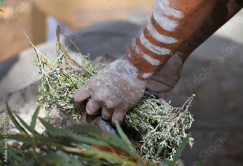 Human hands with green branches of eucalyptus and fire, the fire ritual rite at a indigenous community event in Australia photo