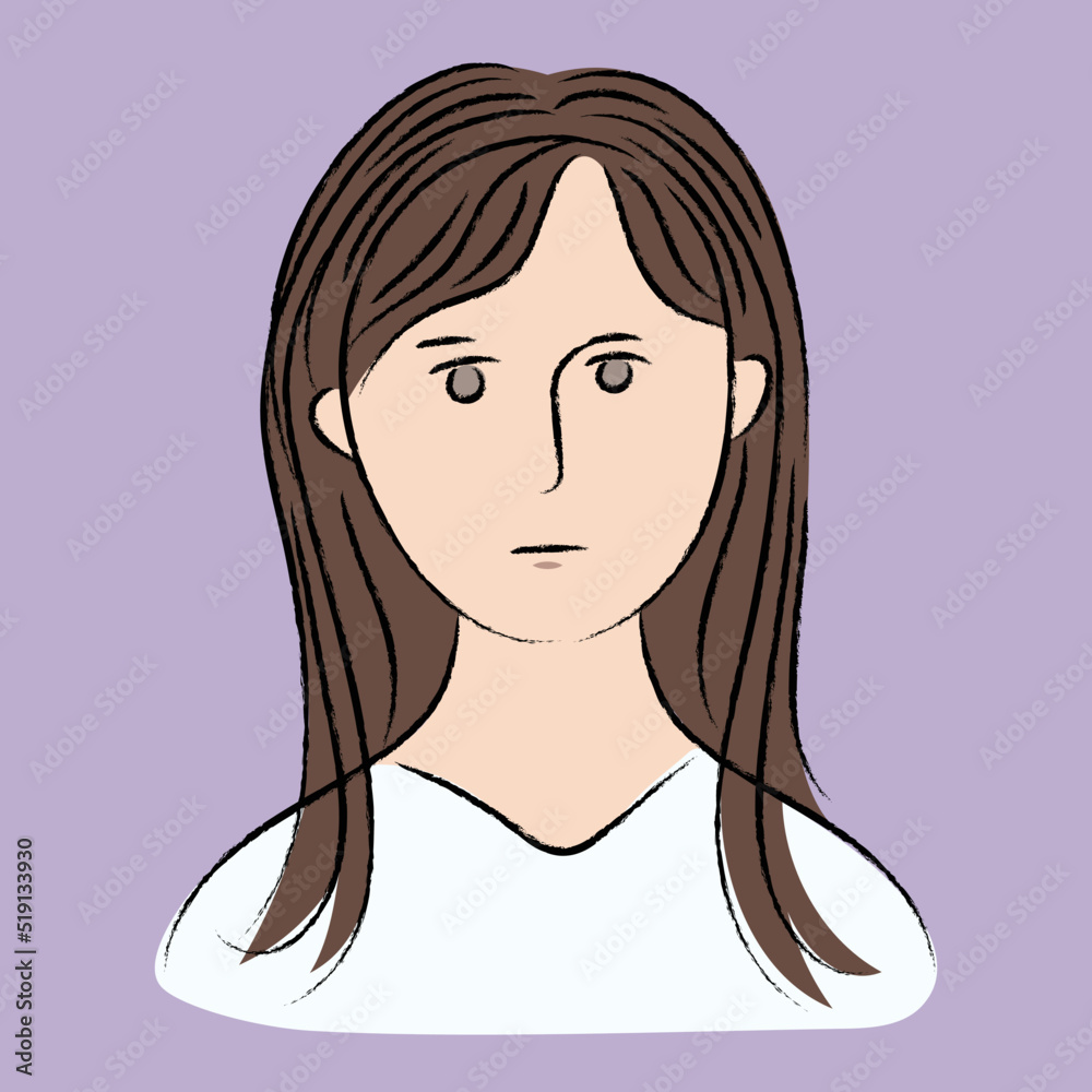 無表情な女性、心配、不安、ベタ塗り