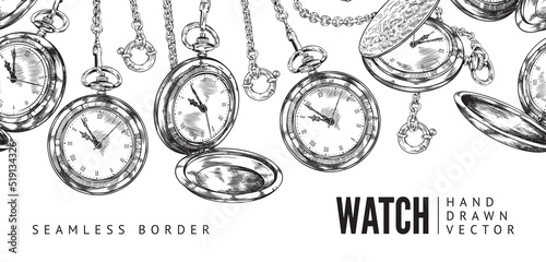 Seamless border with pocket watches, hand drawn vector illustration isolated.