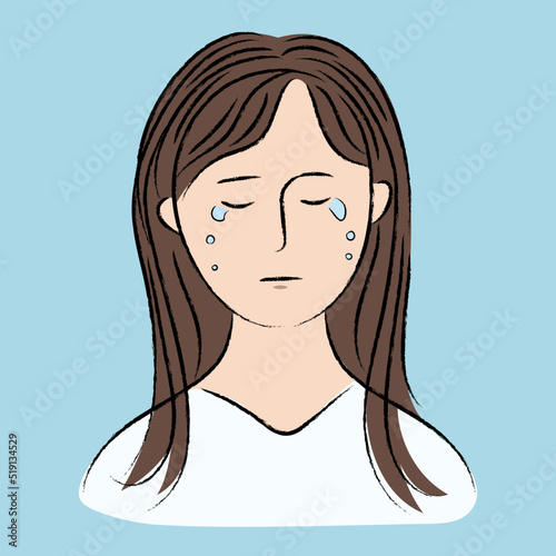 泣いている女性、悲しみ、涙、ベタ塗り