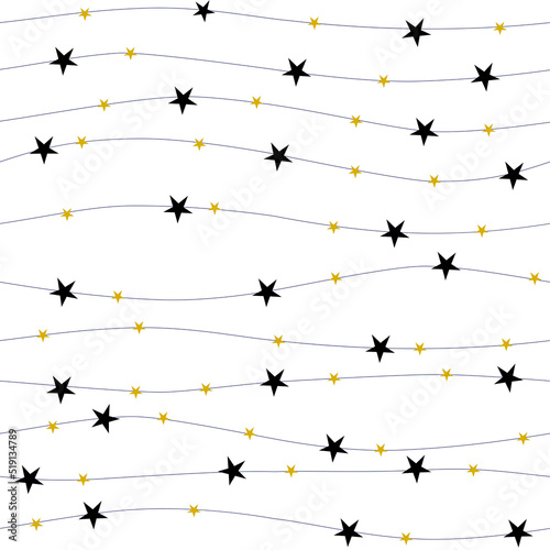 Black stars with gold points seamless patterns with white bakcground