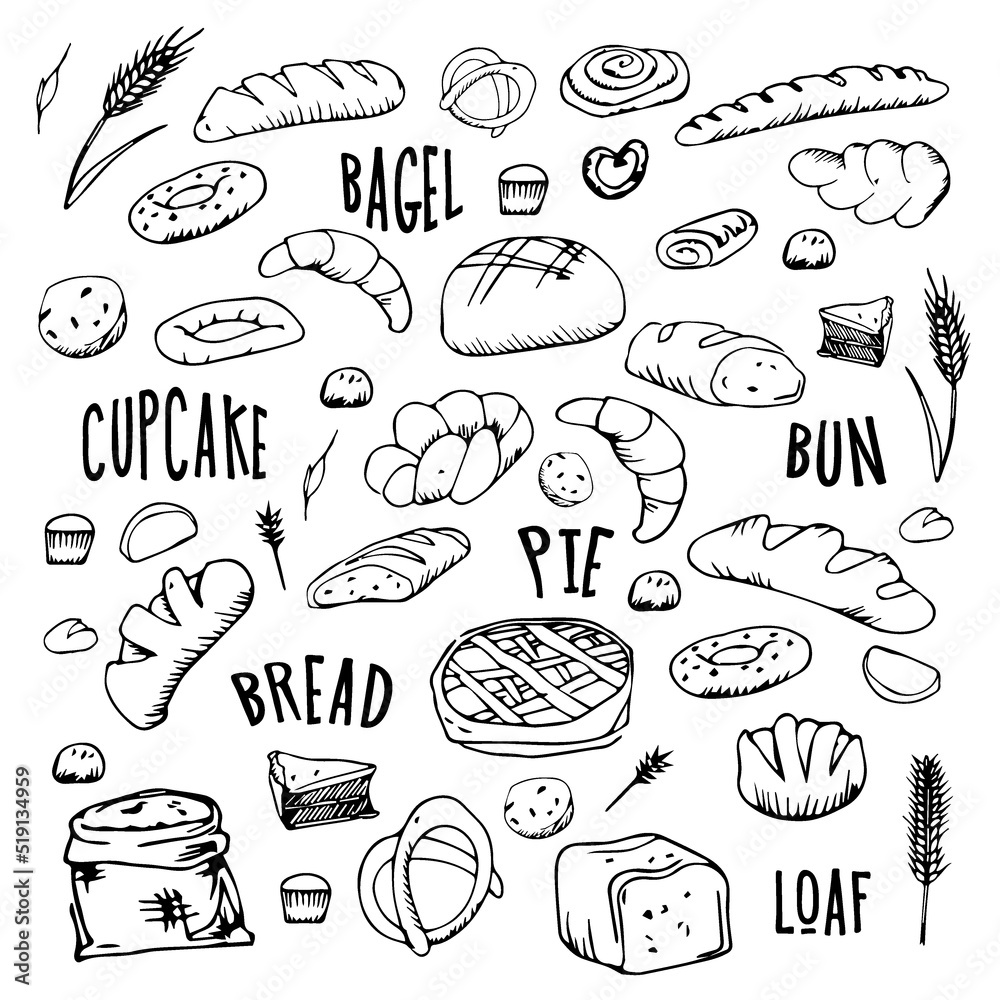 Bread outline icons. Drawing rye, whole grain and wheat bread, pretzel, muffin, pita , ciabatta, croissant, bagel, toast bread, french baguette for design menu bakery. Vector illustration. Bread outline icons. Drawing rye, whole grain and wheat bread, pretzel, muffin, pita , ciabatta, croissant, bagel, toast bread, french baguette for design menu bakery. Vector illustration.
