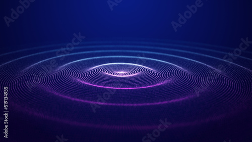 Futuristic dark background. The ripple effect of a web of blue and pink dots. Big data. Illustration of technologies and artificial intelligence. The effect of particle oscillation. 3D rendering.