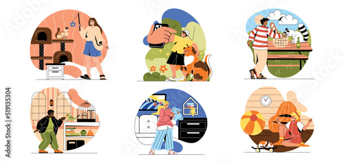 Set of happy pet owners. Men and women with cat, dog, raccoon or birds. Happy characters play with cute animals and take selfies with them. Cartoon flat vector collection isolated on white background