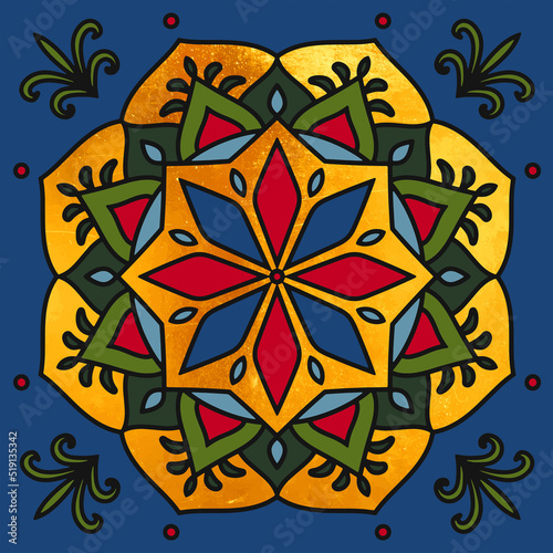 Golden mandala with gold star, leaves, folk and geometric elements. Ethnic vintage ornament. Seamless pattern for the tile